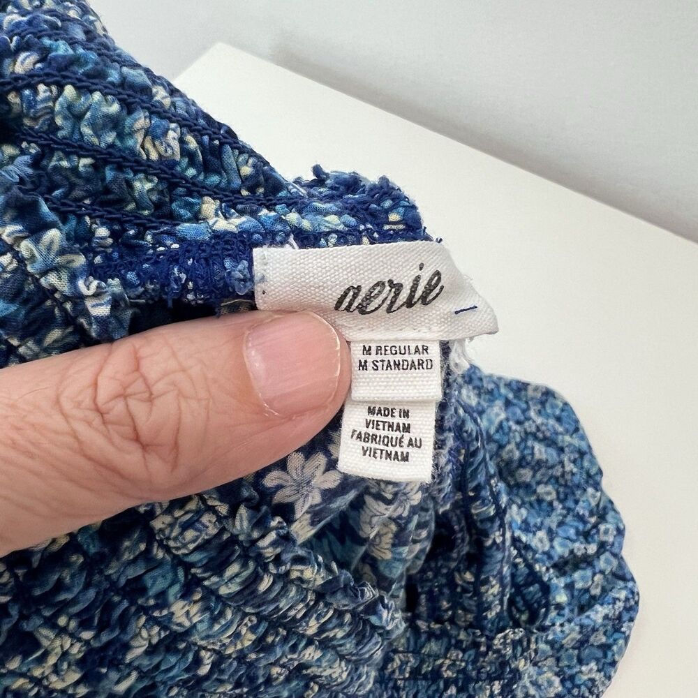 Aerie Smocked Waist Super Wide Leg Party Pants Women's M Boho Blue Floral - Picture 5 of 8